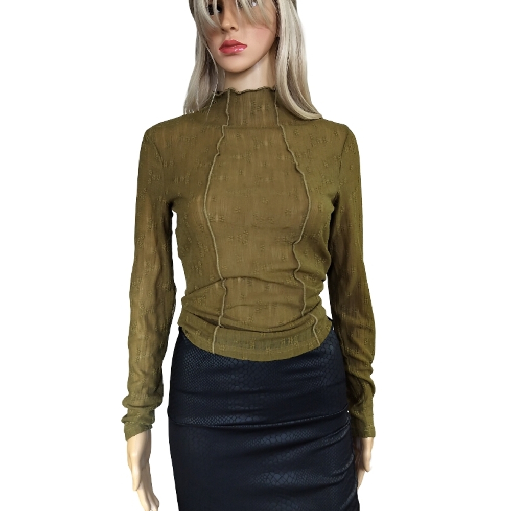 Astr Olive Long Sleeve Mock Neck Sheer Blouse Size XS NWT